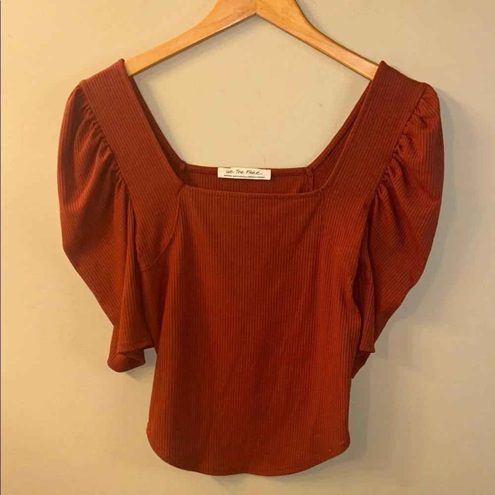Free People Night Lily Top Puff Sleeve Ribbed Shirt - Rust Size M